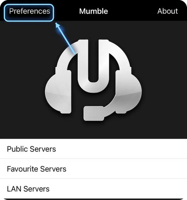 Главный экран Mumble, выделена кнопка Preferences