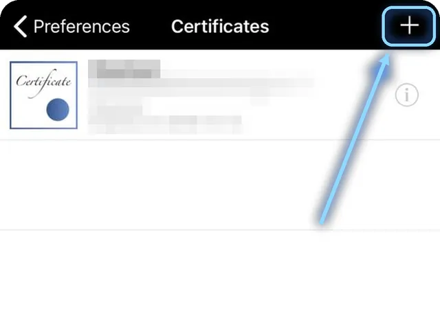 Экран Certificates, выделена кнопка плюс