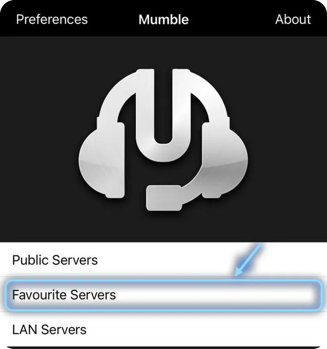 Главный экран Mumble, выделен пункт Favourite Servers